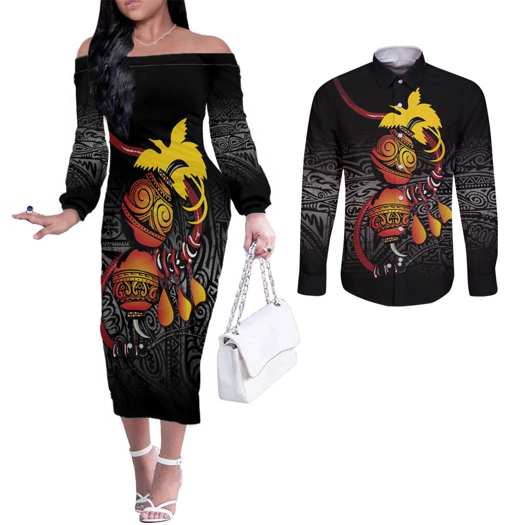 Personalized Papua New Guinea Milne Bay Couples Matching Off The Shoulder Long Sleeve Dress and Long Sleeve Button Shirt Bagi Necklace Mix Lime Pot Grunge LT7 Black - Polynesian Pride