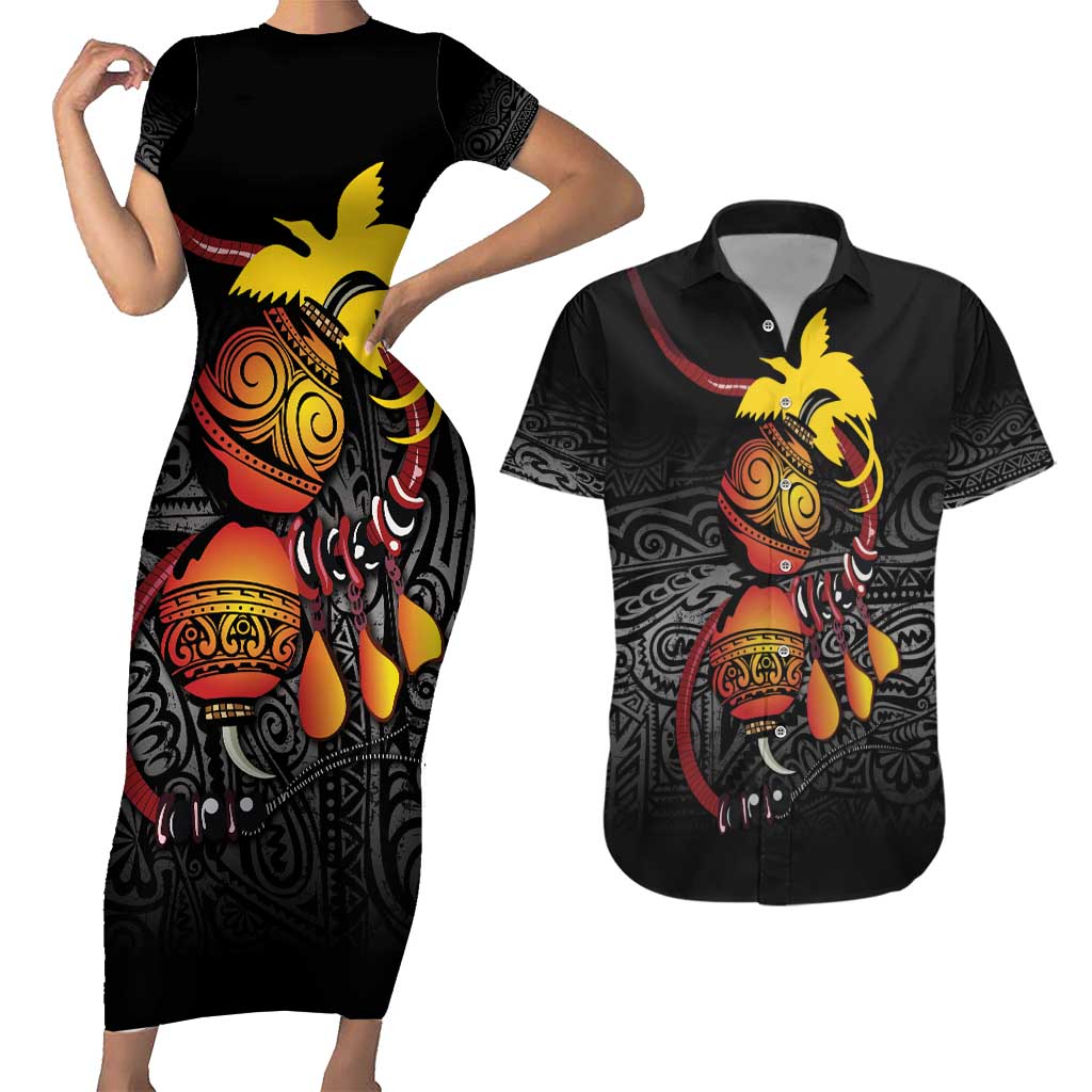 Personalized Papua New Guinea Milne Bay Couples Matching Short Sleeve Bodycon Dress and Hawaiian Shirt Bagi Necklace Mix Lime Pot Grunge LT7 Black - Polynesian Pride