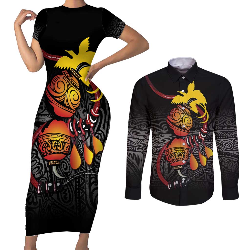 Personalized Papua New Guinea Milne Bay Couples Matching Short Sleeve Bodycon Dress and Long Sleeve Button Shirt Bagi Necklace Mix Lime Pot Grunge LT7 Black - Polynesian Pride