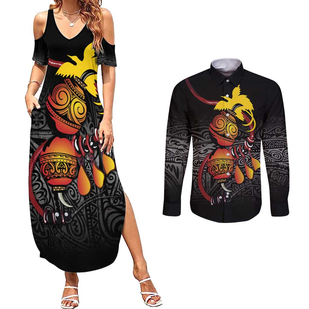 Personalized Papua New Guinea Milne Bay Couples Matching Summer Maxi Dress and Long Sleeve Button Shirt Bagi Necklace Mix Lime Pot Grunge LT7 Black - Polynesian Pride