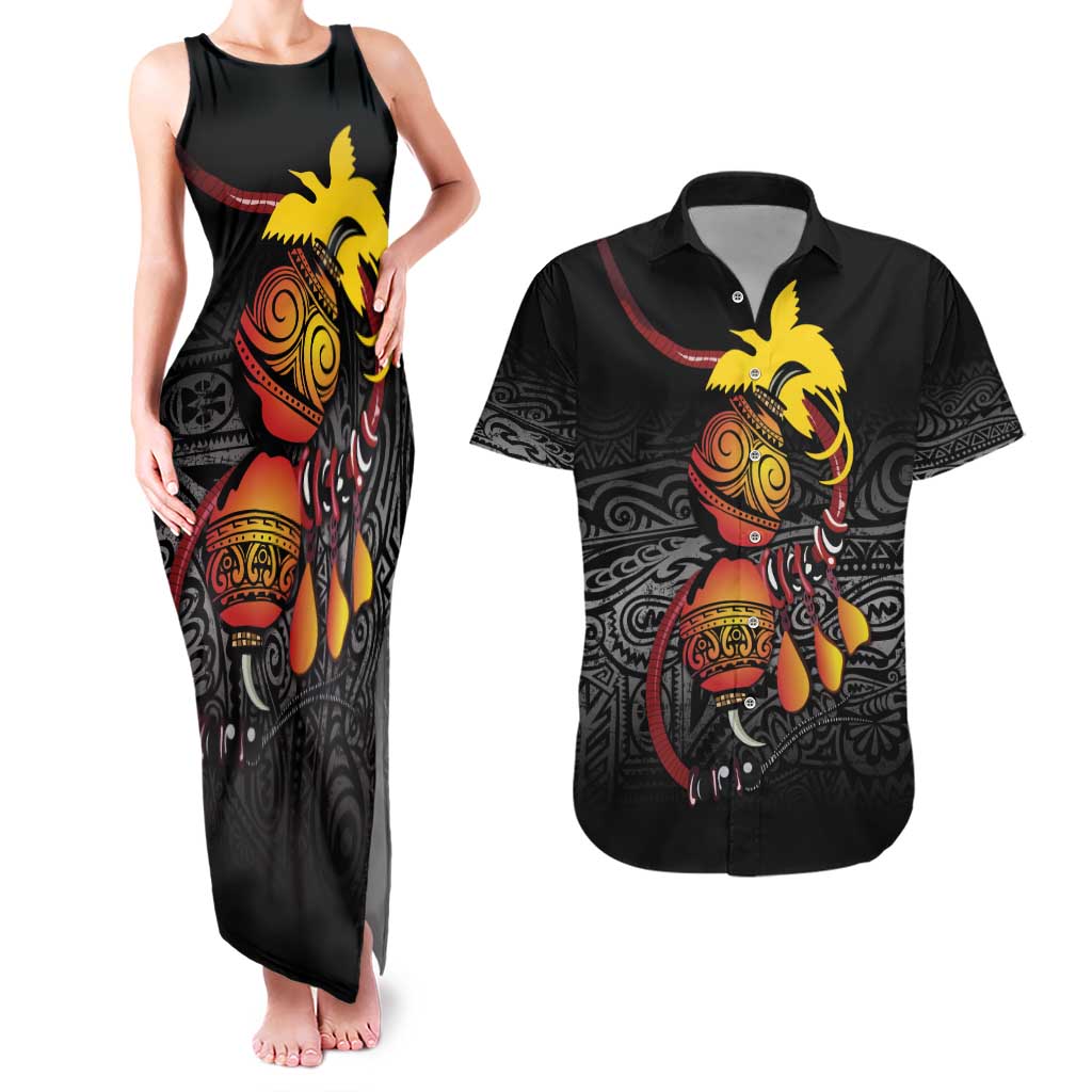 Personalized Papua New Guinea Milne Bay Couples Matching Tank Maxi Dress and Hawaiian Shirt Bagi Necklace Mix Lime Pot Grunge LT7 Black - Polynesian Pride