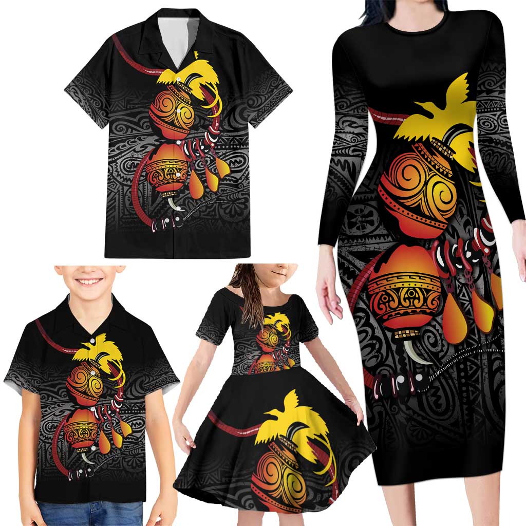 Personalized Papua New Guinea Milne Bay Family Matching Long Sleeve Bodycon Dress and Hawaiian Shirt Bagi Necklace Mix Lime Pot Grunge