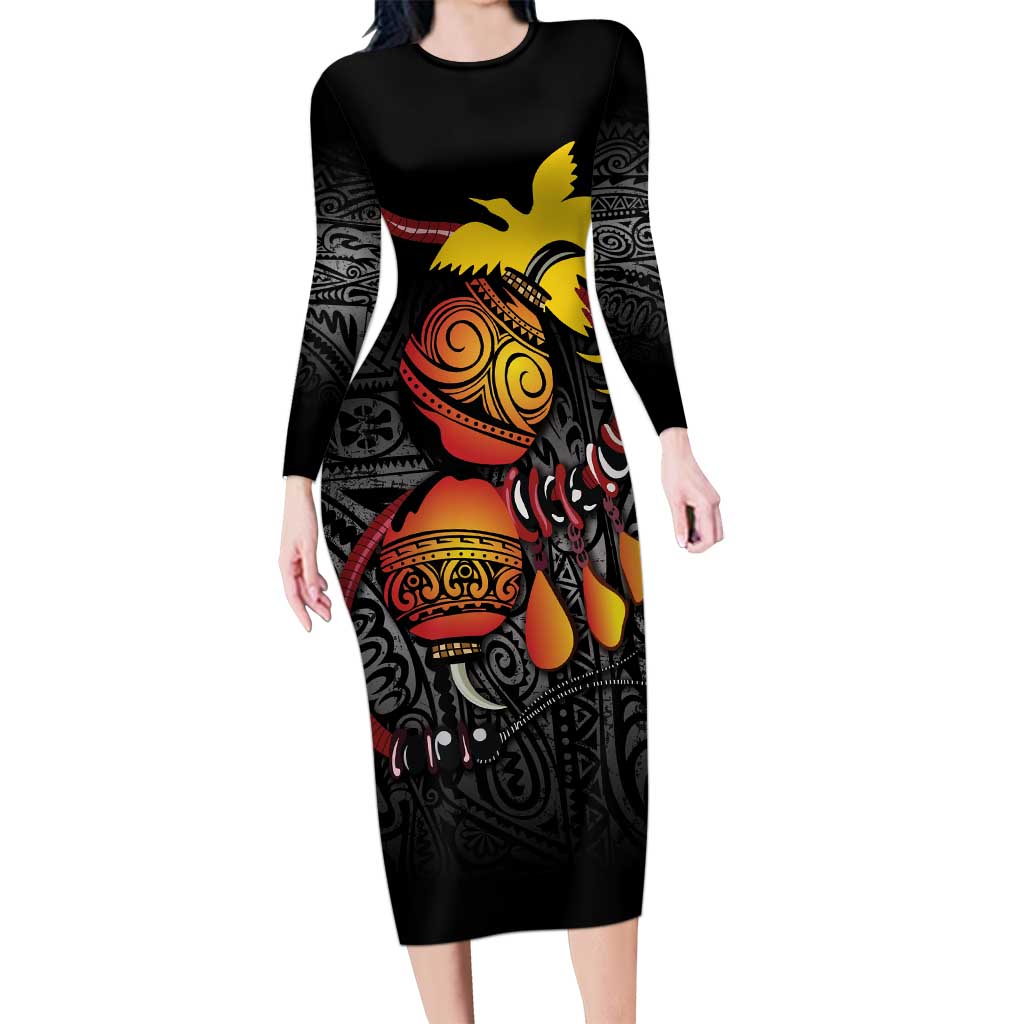 Personalized Papua New Guinea Milne Bay Family Matching Long Sleeve Bodycon Dress and Hawaiian Shirt Bagi Necklace Mix Lime Pot Grunge LT7 Mom's Dress Black - Polynesian Pride