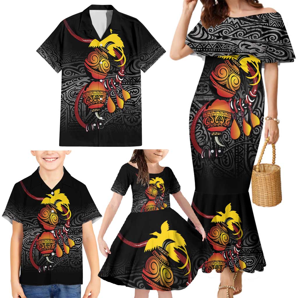 Personalized Papua New Guinea Milne Bay Family Matching Mermaid Dress and Hawaiian Shirt Bagi Necklace Mix Lime Pot Grunge