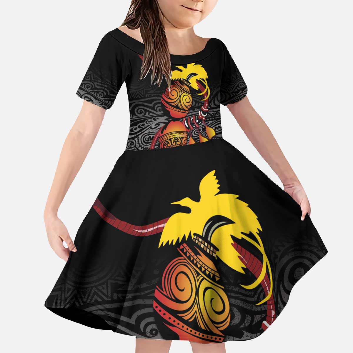 Personalized Papua New Guinea Milne Bay Family Matching Off The Shoulder Long Sleeve Dress and Hawaiian Shirt Bagi Necklace Mix Lime Pot Grunge LT7 Daughter's Dress Black - Polynesian Pride