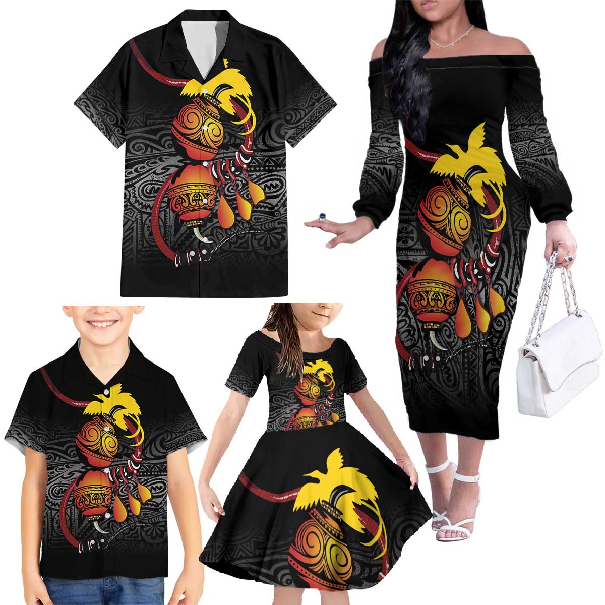 Personalized Papua New Guinea Milne Bay Family Matching Off The Shoulder Long Sleeve Dress and Hawaiian Shirt Bagi Necklace Mix Lime Pot Grunge LT7 - Polynesian Pride
