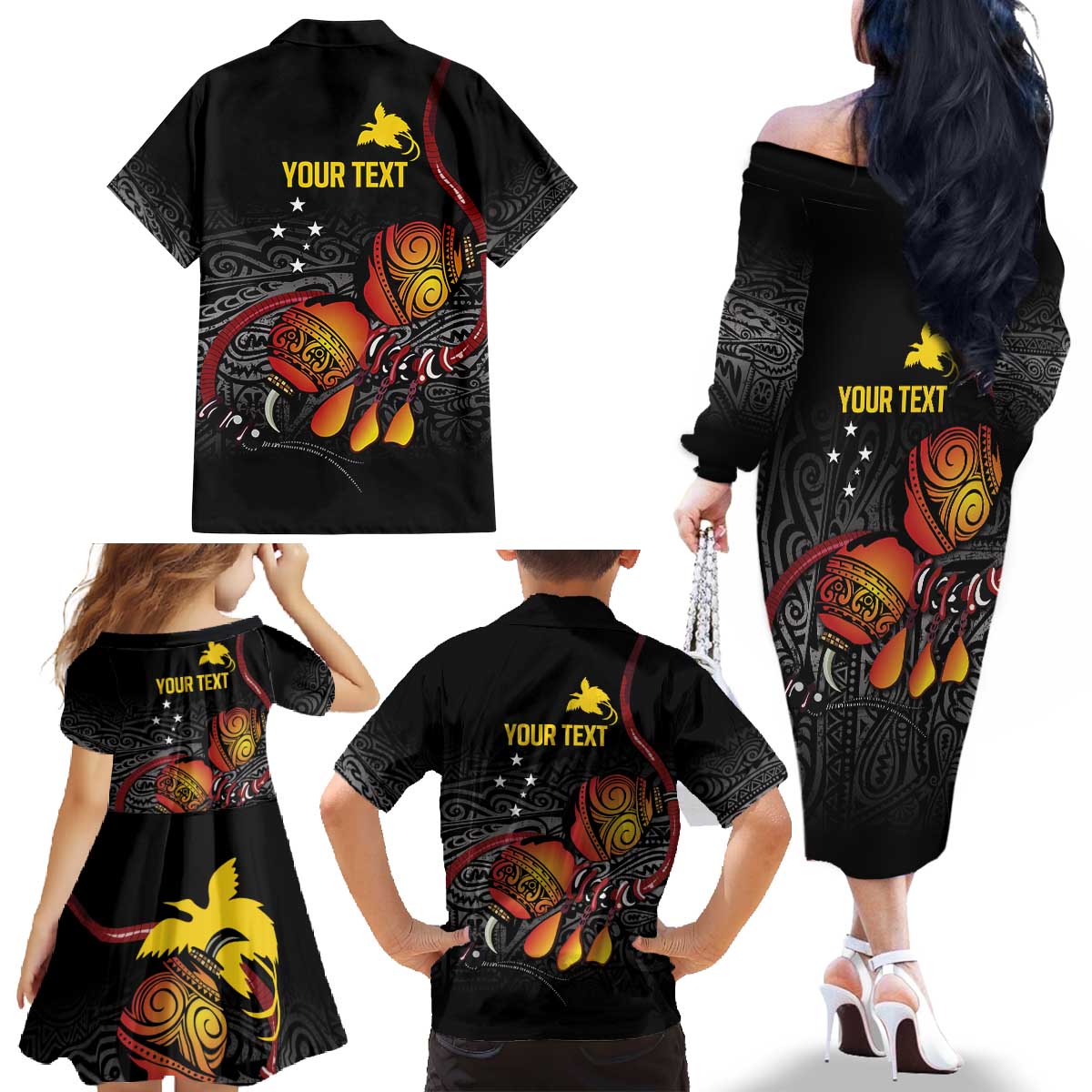 Personalized Papua New Guinea Milne Bay Family Matching Off The Shoulder Long Sleeve Dress and Hawaiian Shirt Bagi Necklace Mix Lime Pot Grunge LT7 - Polynesian Pride