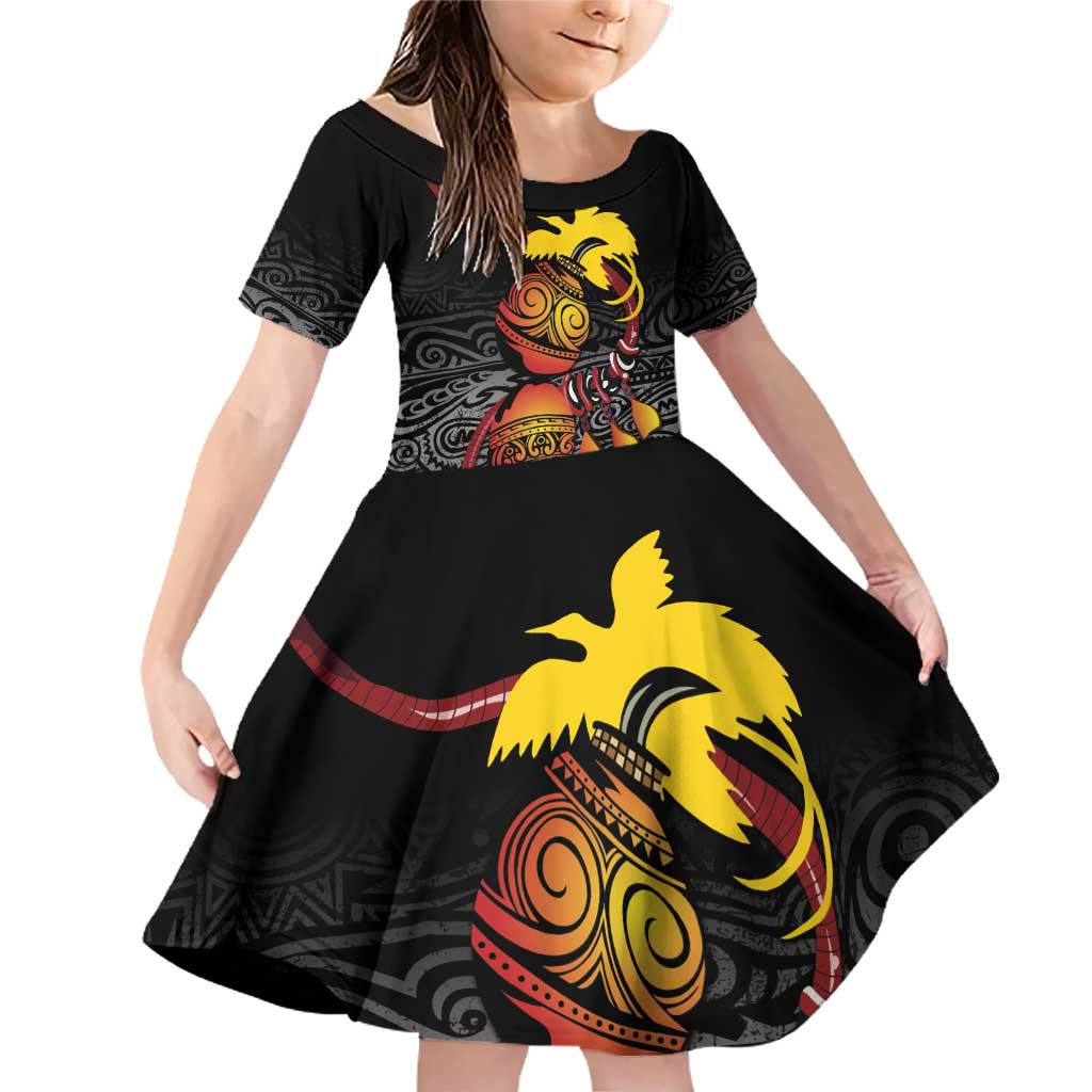 Personalized Papua New Guinea Milne Bay Family Matching Off Shoulder Short Dress and Hawaiian Shirt Bagi Necklace Mix Lime Pot Grunge LT7 Daughter's Dress Black - Polynesian Pride