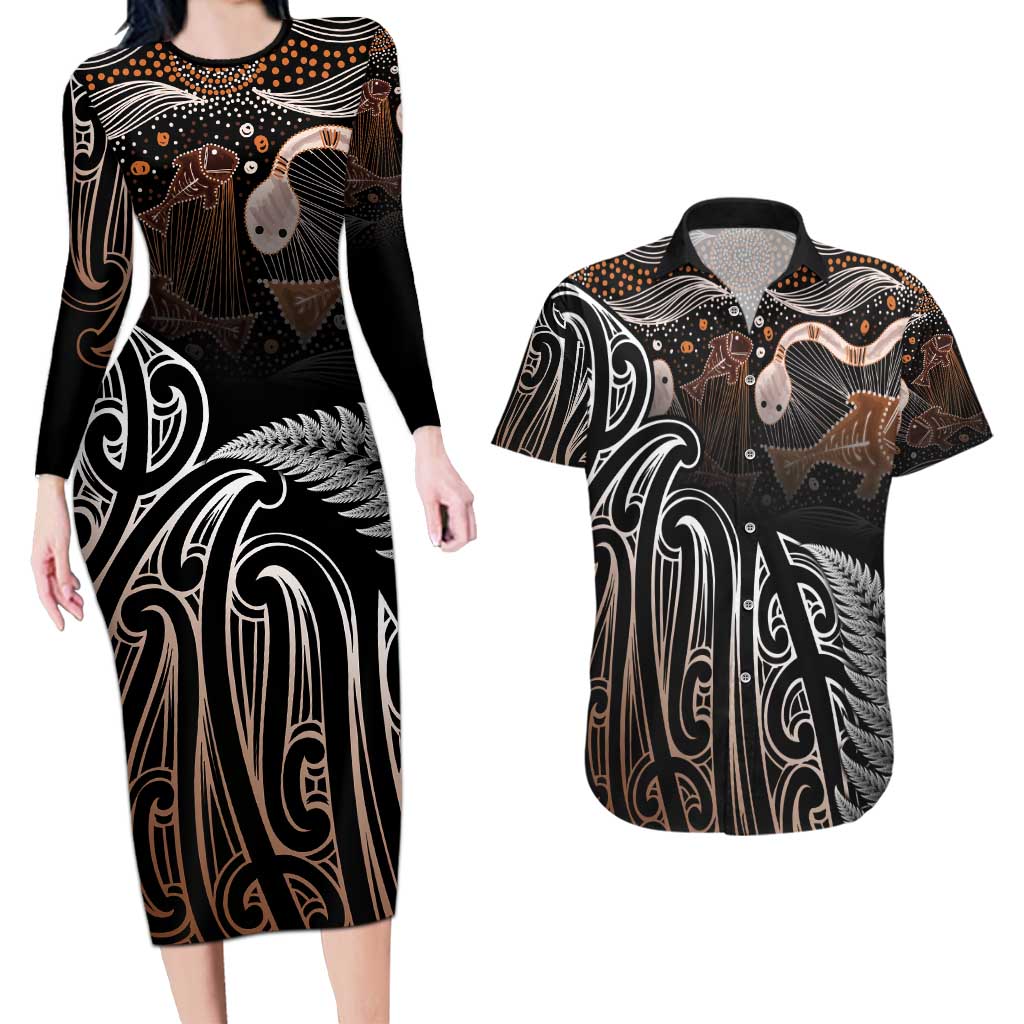 Aotearoa Maori - Australia Indigenous Couples Matching Long Sleeve Bodycon Dress and Hawaiian Shirt Koiri Whakairo Mix Aboriginal Art LT7 Brown - Polynesian Pride
