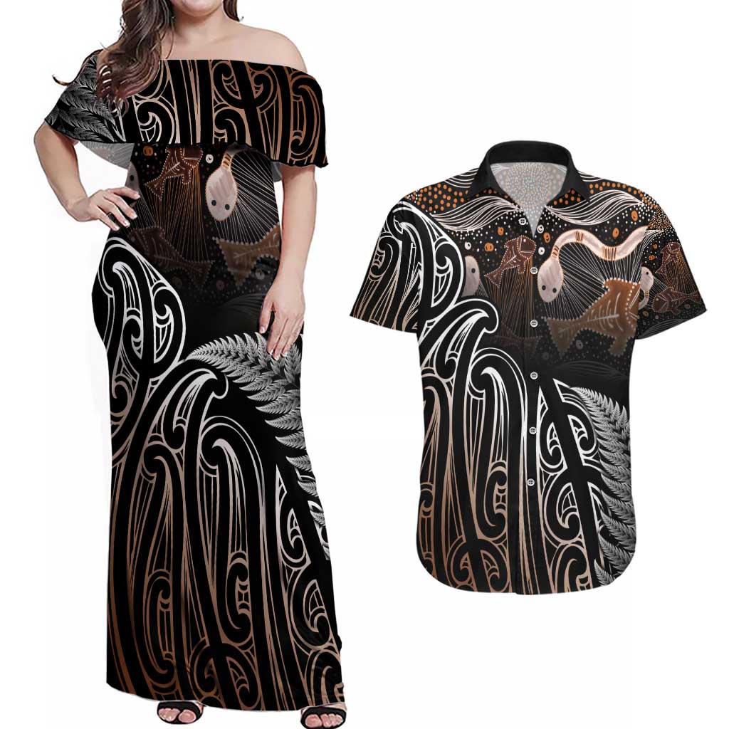 Aotearoa Maori - Australia Indigenous Couples Matching Off Shoulder Maxi Dress and Hawaiian Shirt Koiri Whakairo Mix Aboriginal Art LT7 Brown - Polynesian Pride