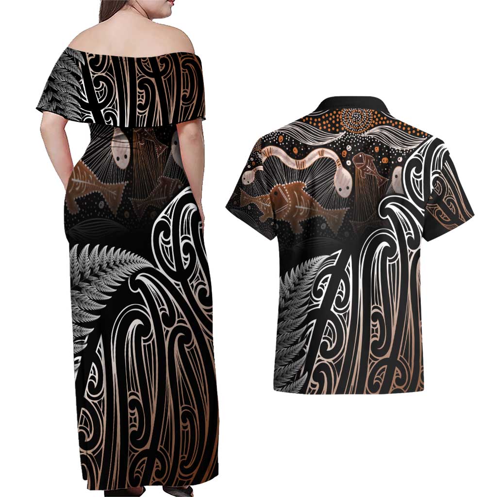 Aotearoa Maori - Australia Indigenous Couples Matching Off Shoulder Maxi Dress and Hawaiian Shirt Koiri Whakairo Mix Aboriginal Art LT7 - Polynesian Pride
