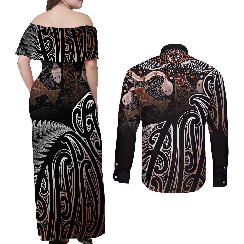 Aotearoa Maori - Australia Indigenous Couples Matching Off Shoulder Maxi Dress and Long Sleeve Button Shirt Koiri Whakairo Mix Aboriginal Art LT7 - Polynesian Pride
