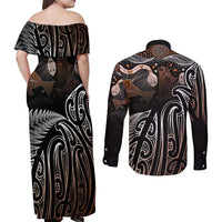 Aotearoa Maori - Australia Indigenous Couples Matching Off Shoulder Maxi Dress and Long Sleeve Button Shirt Koiri Whakairo Mix Aboriginal Art LT7 - Polynesian Pride