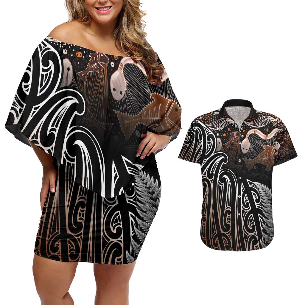Aotearoa Maori - Australia Indigenous Couples Matching Off Shoulder Short Dress and Hawaiian Shirt Koiri Whakairo Mix Aboriginal Art LT7 Brown - Polynesian Pride