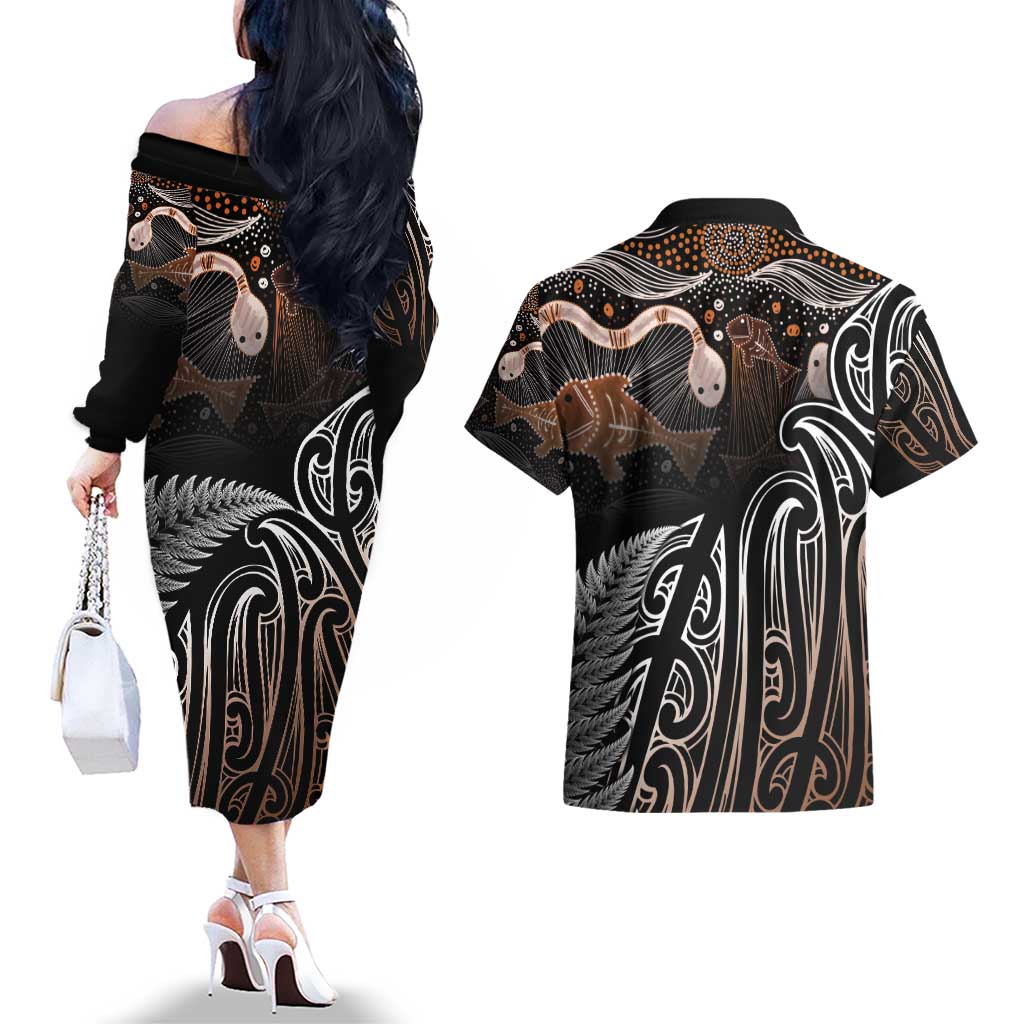 Aotearoa Maori - Australia Indigenous Couples Matching Off The Shoulder Long Sleeve Dress and Hawaiian Shirt Koiri Whakairo Mix Aboriginal Art LT7 - Polynesian Pride