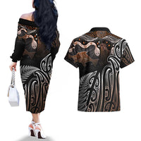 Aotearoa Maori - Australia Indigenous Couples Matching Off The Shoulder Long Sleeve Dress and Hawaiian Shirt Koiri Whakairo Mix Aboriginal Art LT7 - Polynesian Pride