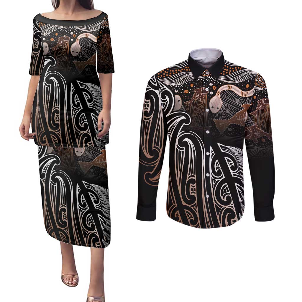 Aotearoa Maori - Australia Indigenous Couples Matching Puletasi and Long Sleeve Button Shirt Koiri Whakairo Mix Aboriginal Art - Polynesian Pride