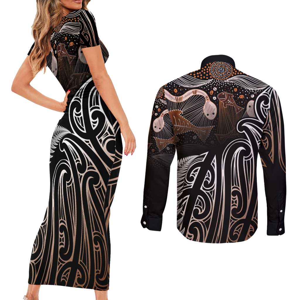 Aotearoa Maori - Australia Indigenous Couples Matching Short Sleeve Bodycon Dress and Long Sleeve Button Shirt Koiri Whakairo Mix Aboriginal Art LT7 - Polynesian Pride