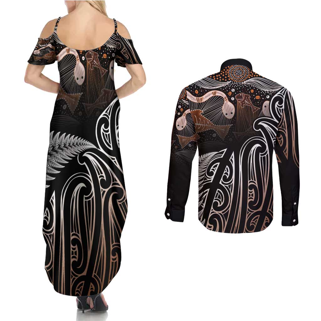 Aotearoa Maori - Australia Indigenous Couples Matching Summer Maxi Dress and Long Sleeve Button Shirt Koiri Whakairo Mix Aboriginal Art LT7 - Polynesian Pride