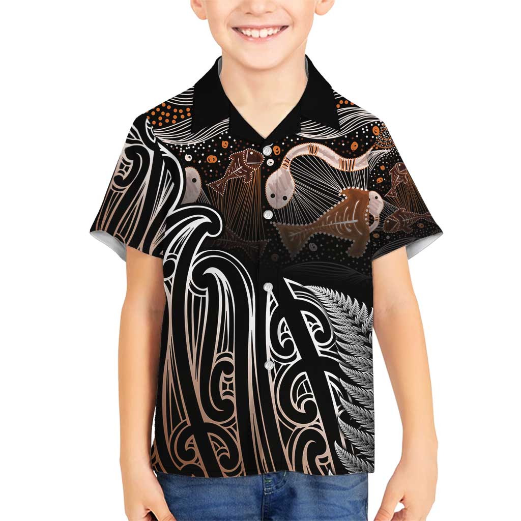 Aotearoa Maori - Australia Indigenous Family Matching Long Sleeve Bodycon Dress and Hawaiian Shirt Koiri Whakairo Mix Aboriginal Art LT7 Son's Shirt Brown - Polynesian Pride