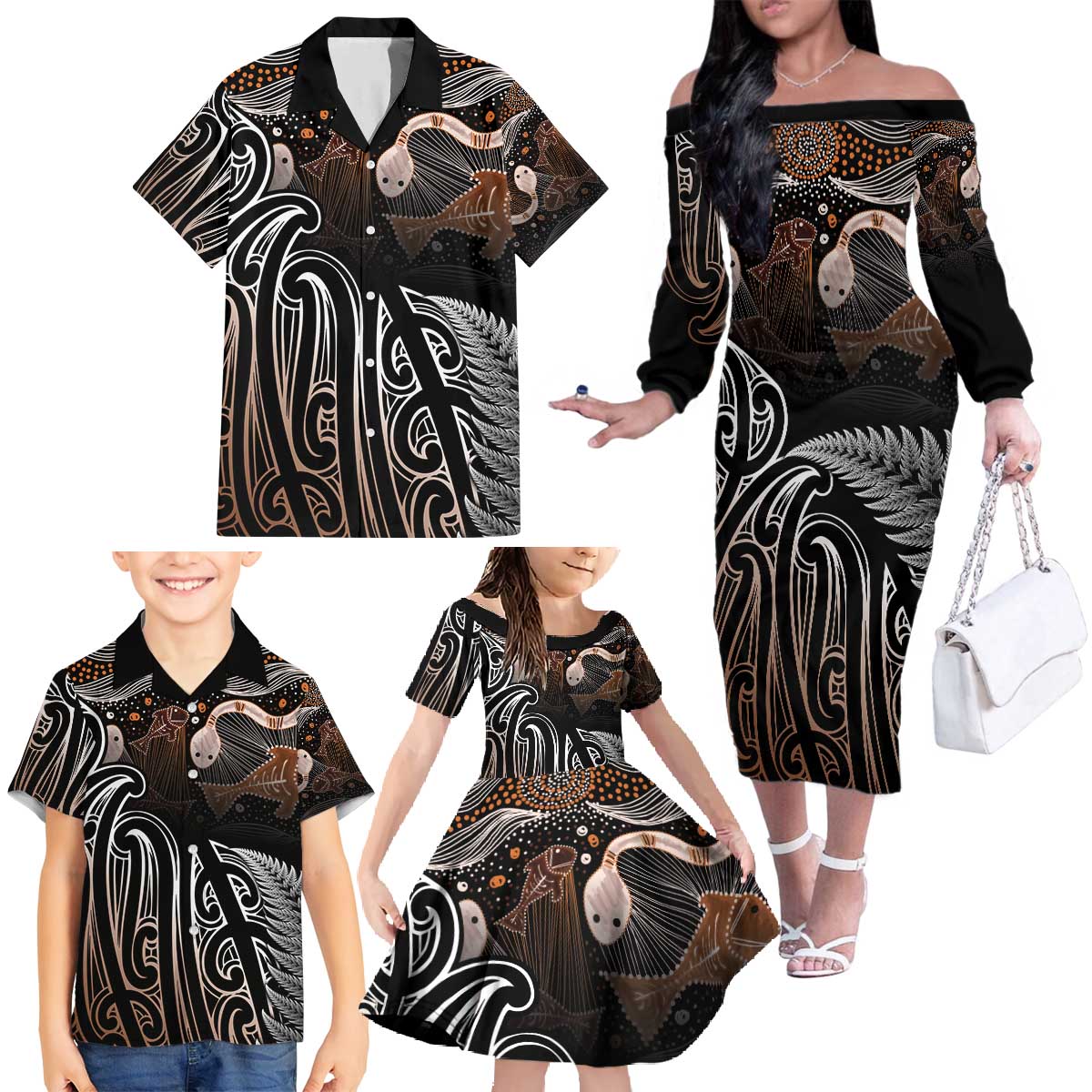 Aotearoa Maori - Australia Indigenous Family Matching Off The Shoulder Long Sleeve Dress and Hawaiian Shirt Koiri Whakairo Mix Aboriginal Art LT7 - Polynesian Pride