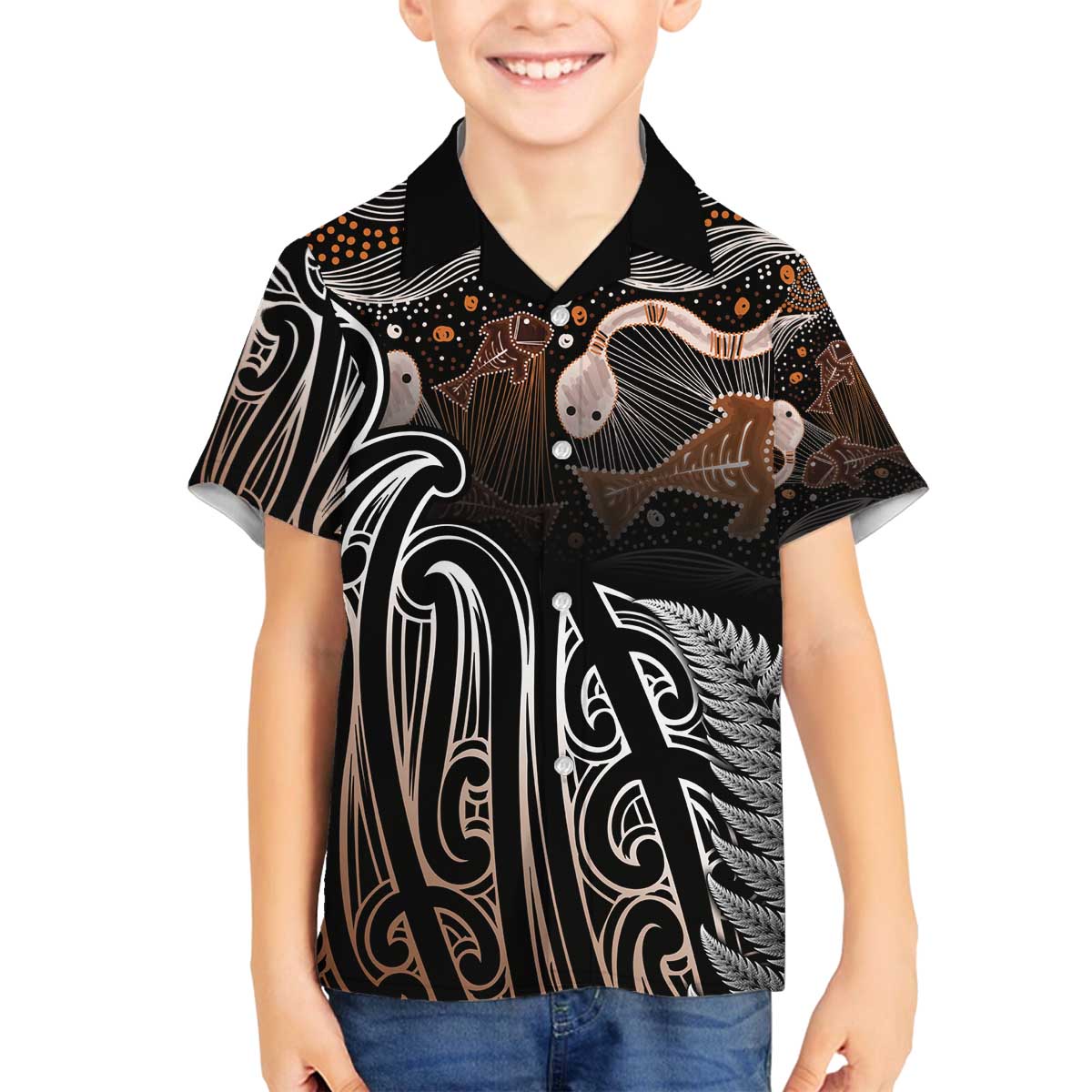 Aotearoa Maori - Australia Indigenous Family Matching Off The Shoulder Long Sleeve Dress and Hawaiian Shirt Koiri Whakairo Mix Aboriginal Art LT7 Son's Shirt Brown - Polynesian Pride
