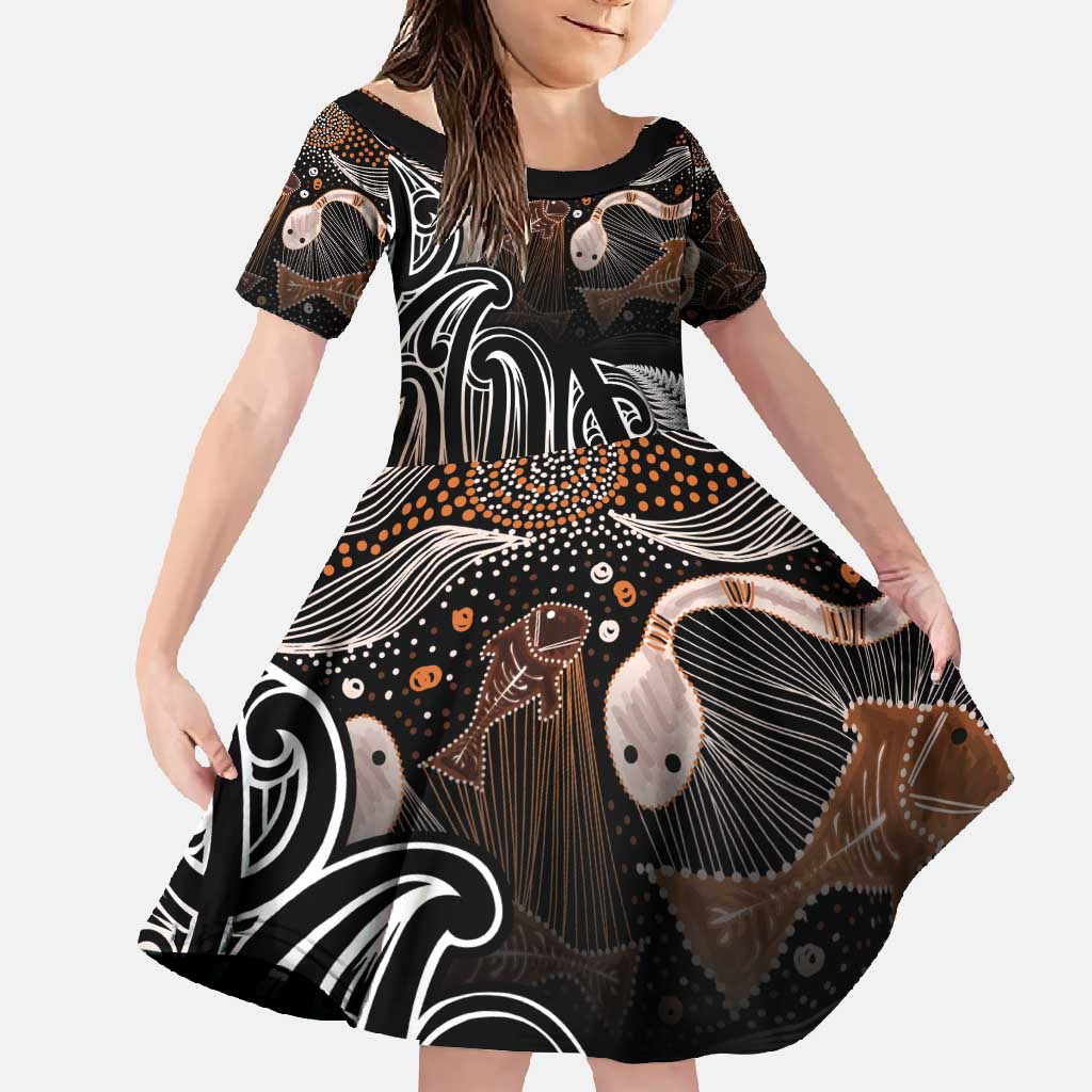 Aotearoa Maori - Australia Indigenous Family Matching Off Shoulder Maxi Dress and Hawaiian Shirt Koiri Whakairo Mix Aboriginal Art LT7 Daughter's Dress Brown - Polynesian Pride
