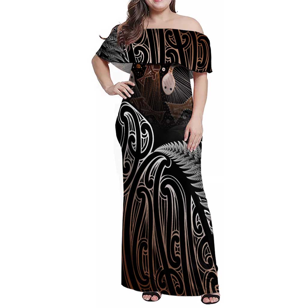 Aotearoa Maori - Australia Indigenous Family Matching Off Shoulder Maxi Dress and Hawaiian Shirt Koiri Whakairo Mix Aboriginal Art LT7 Mom's Dress Brown - Polynesian Pride
