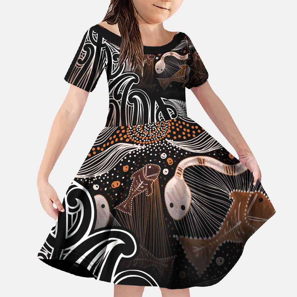 Aotearoa Maori - Australia Indigenous Family Matching Summer Maxi Dress and Hawaiian Shirt Koiri Whakairo Mix Aboriginal Art LT7 Daughter's Dress Brown - Polynesian Pride
