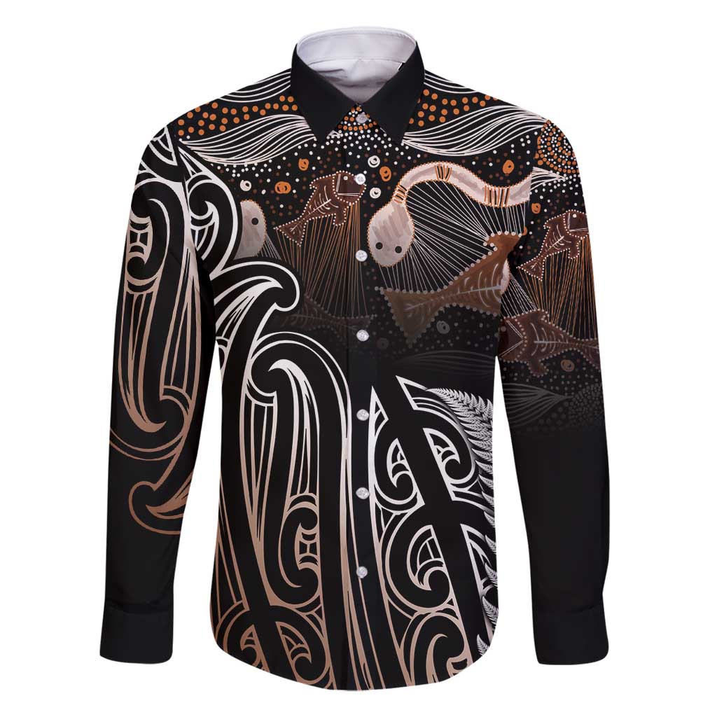 Aotearoa Maori - Australia Indigenous Family Matching Tank Maxi Dress and Hawaiian Shirt Koiri Whakairo Mix Aboriginal Art LT7 Dad's Shirt - Long Sleeve Brown - Polynesian Pride