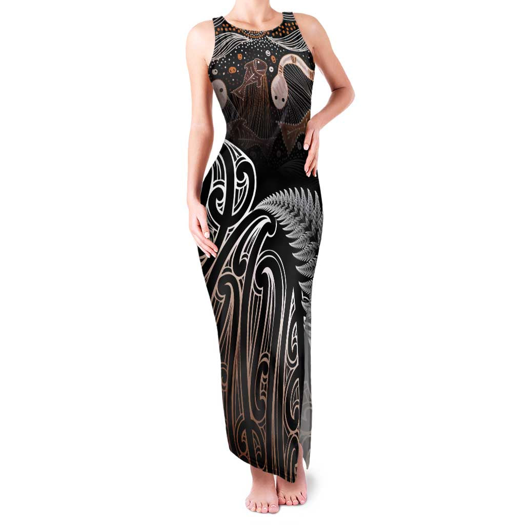 Aotearoa Maori - Australia Indigenous Family Matching Tank Maxi Dress and Hawaiian Shirt Koiri Whakairo Mix Aboriginal Art LT7 Mom's Dress Brown - Polynesian Pride