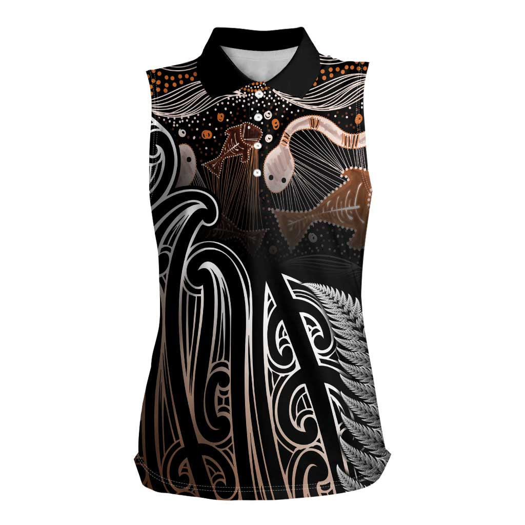 Aotearoa Maori - Australia Indigenous Women Sleeveless Polo Shirt Koiri Whakairo Mix Aboriginal Art LT7 Female Brown - Polynesian Pride
