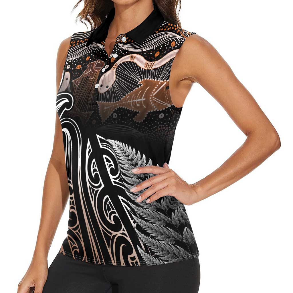 Aotearoa Maori - Australia Indigenous Women Sleeveless Polo Shirt Koiri Whakairo Mix Aboriginal Art LT7 - Polynesian Pride
