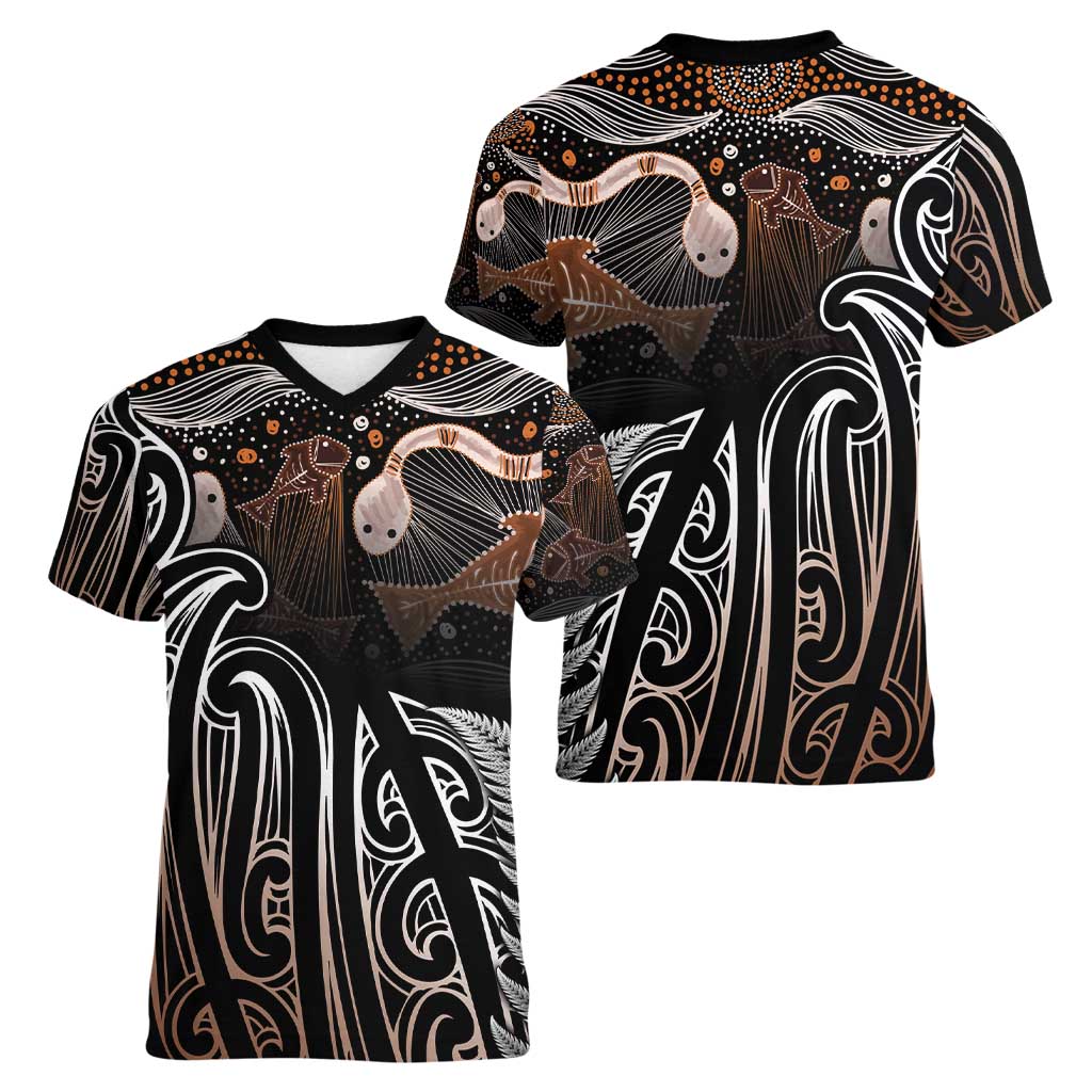 Aotearoa Maori - Australia Indigenous Women V-Neck T-Shirt Koiri Whakairo Mix Aboriginal Art LT7 - Polynesian Pride
