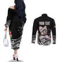 Personalised Polynesian Couples Matching Off The Shoulder Long Sleeve Dress and Long Sleeve Button Shirts With Yorkshire Terrier Floral Style LT7 - Polynesian Pride