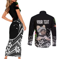 Personalised Polynesian Couples Matching Short Sleeve Bodycon Dress and Long Sleeve Button Shirts With Yorkshire Terrier Floral Style LT7 - Polynesian Pride