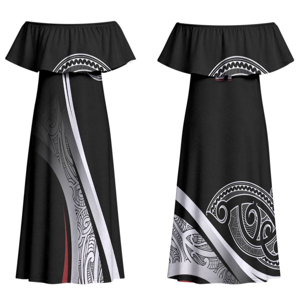 Aotearoa Maori Rugby Custom Couples Matching Off Shoulder Maxi Dress and Long Sleeve Button Shirt Kapa O Pango LT7 - Polynesian Pride