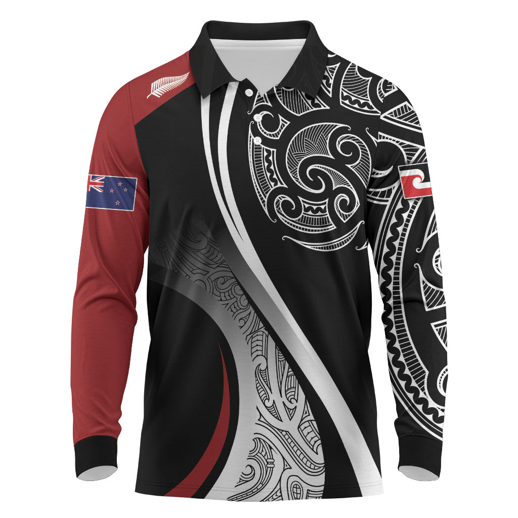 Aotearoa Maori Rugby Custom Long Sleeve Polo Shirt Kapa O Pango LT7 Black - Polynesian Pride