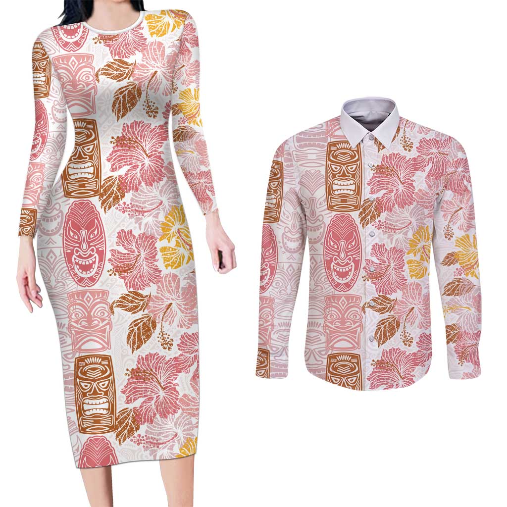 Christmas Aloha Hawaii Tiki Couples Matching Long Sleeve Bodycon Dress and Long Sleeve Button Shirt Hibiscus Spring Colors LT7 Pink - Polynesian Pride
