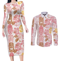 Christmas Aloha Hawaii Tiki Couples Matching Long Sleeve Bodycon Dress and Long Sleeve Button Shirt Hibiscus Spring Colors LT7 Pink - Polynesian Pride