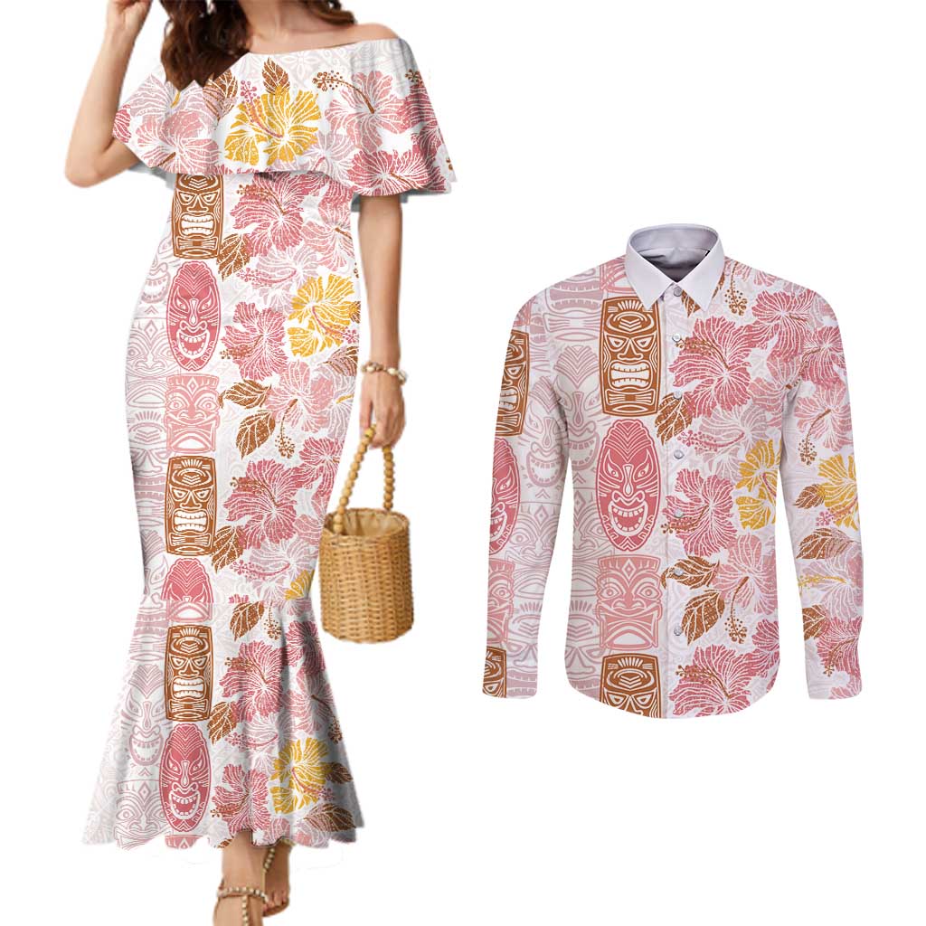 Christmas Aloha Hawaii Tiki Couples Matching Mermaid Dress and Long Sleeve Button Shirt Hibiscus Spring Colors LT7 Pink - Polynesian Pride