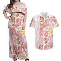 Christmas Aloha Hawaii Tiki Couples Matching Off Shoulder Maxi Dress and Hawaiian Shirt Hibiscus Spring Colors LT7 Pink - Polynesian Pride