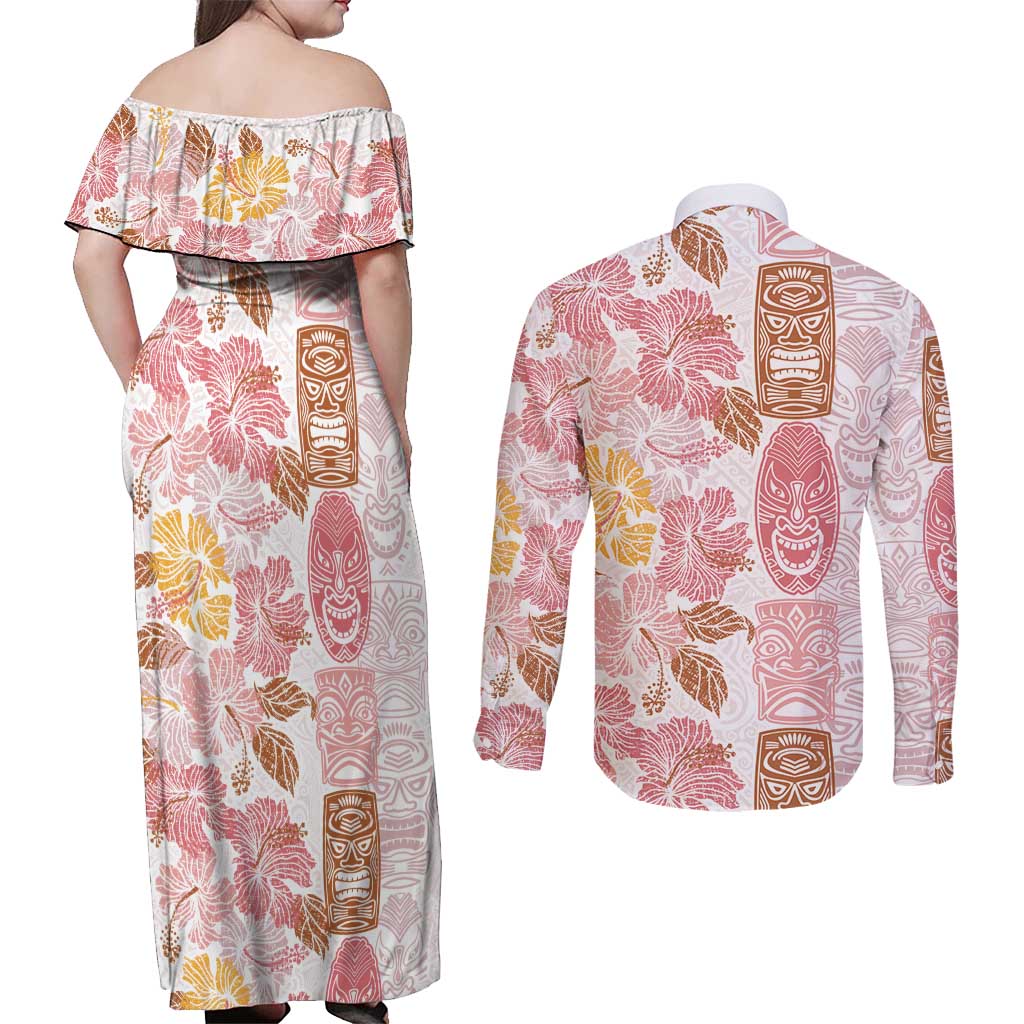 Christmas Aloha Hawaii Tiki Couples Matching Off Shoulder Maxi Dress and Long Sleeve Button Shirt Hibiscus Spring Colors LT7 - Polynesian Pride