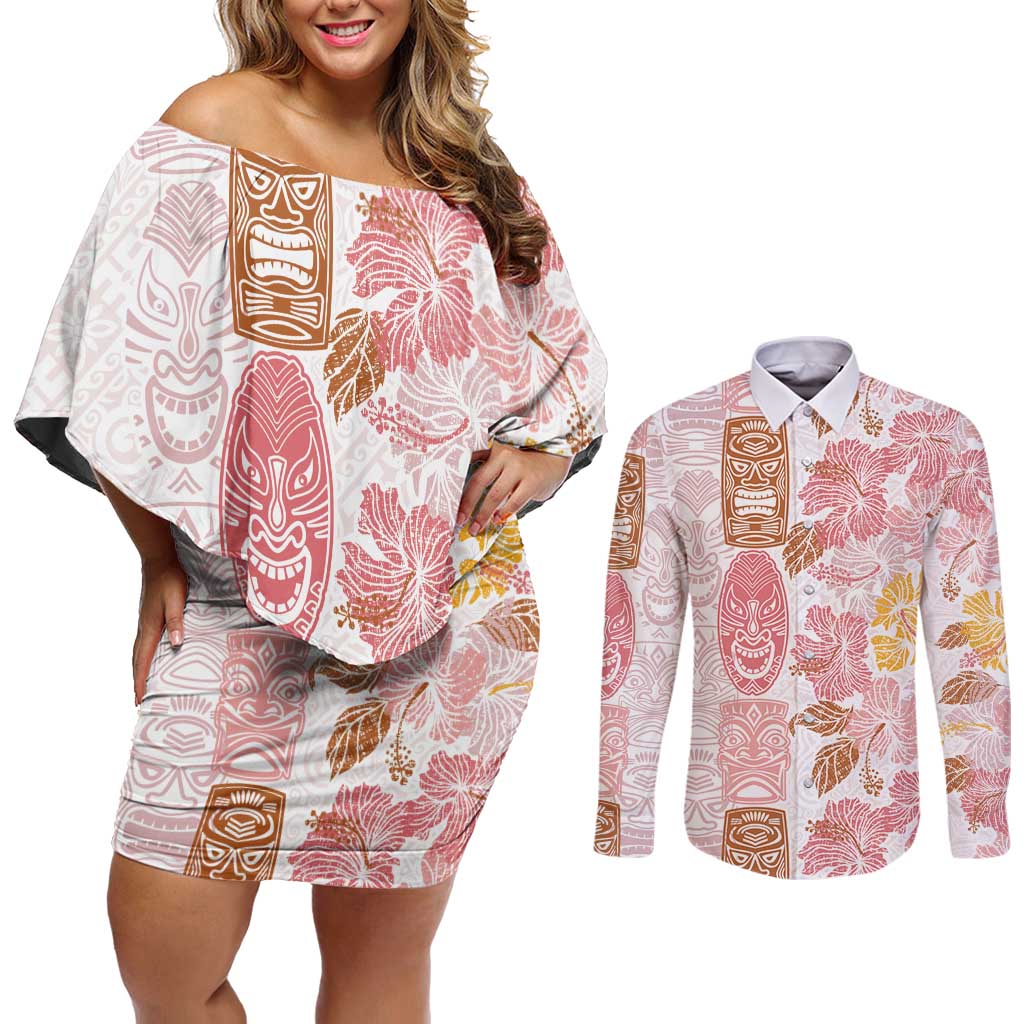 Christmas Aloha Hawaii Tiki Couples Matching Off Shoulder Short Dress and Long Sleeve Button Shirt Hibiscus Spring Colors LT7 Pink - Polynesian Pride