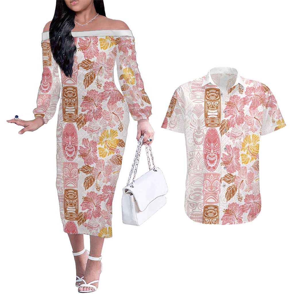 Christmas Aloha Hawaii Tiki Couples Matching Off The Shoulder Long Sleeve Dress and Hawaiian Shirt Hibiscus Spring Colors - Polynesian Pride