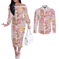 Christmas Aloha Hawaii Tiki Couples Matching Off The Shoulder Long Sleeve Dress and Long Sleeve Button Shirt Hibiscus Spring Colors LT7 Pink - Polynesian Pride