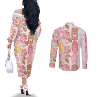 Christmas Aloha Hawaii Tiki Couples Matching Off The Shoulder Long Sleeve Dress and Long Sleeve Button Shirt Hibiscus Spring Colors LT7 - Polynesian Pride