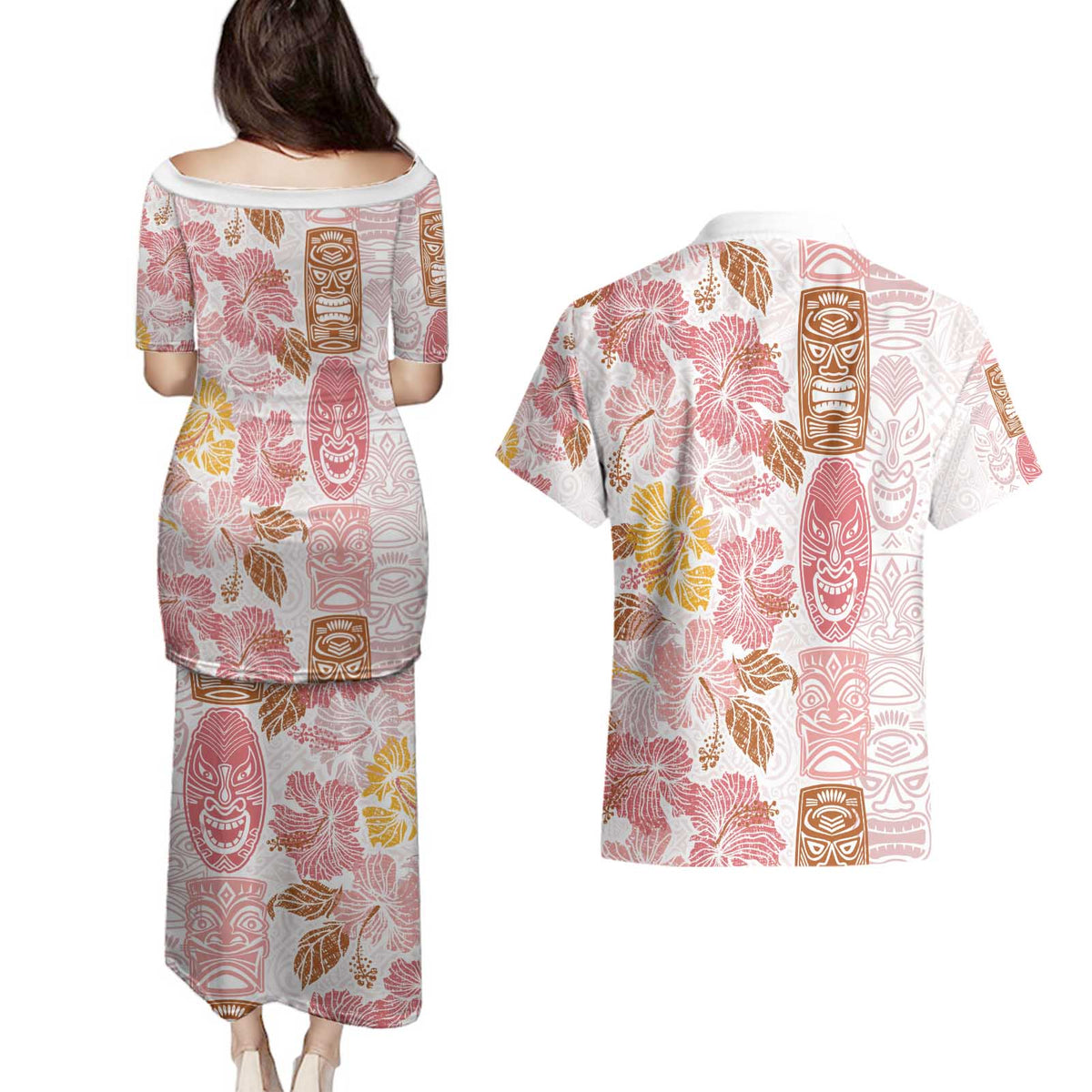 Christmas Aloha Hawaii Tiki Couples Matching Puletasi and Hawaiian Shirt Hibiscus Spring Colors LT7 - Polynesian Pride