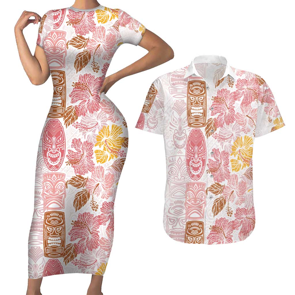 Christmas Aloha Hawaii Tiki Couples Matching Short Sleeve Bodycon Dress and Hawaiian Shirt Hibiscus Spring Colors LT7 Pink - Polynesian Pride