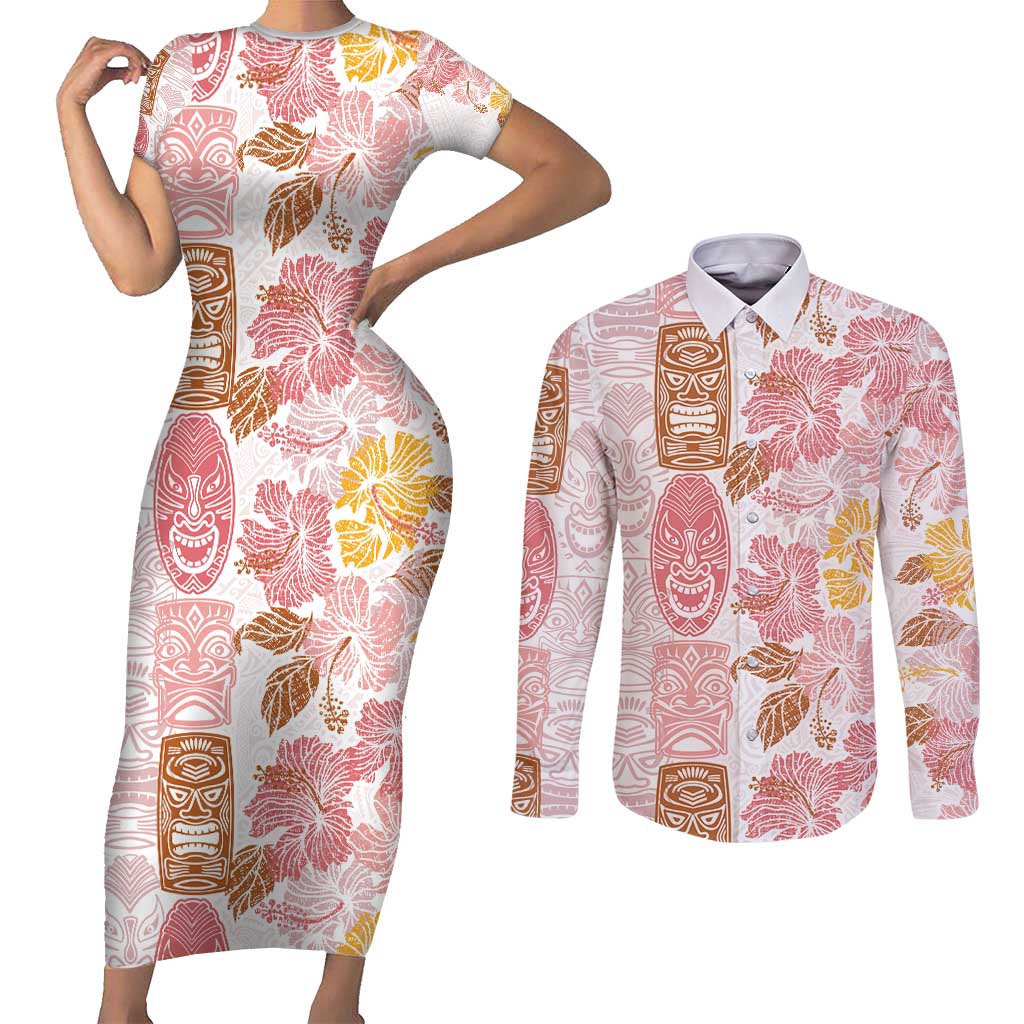 Christmas Aloha Hawaii Tiki Couples Matching Short Sleeve Bodycon Dress and Long Sleeve Button Shirt Hibiscus Spring Colors LT7 Pink - Polynesian Pride